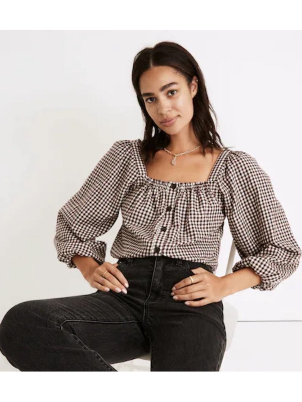 Madewell Brown and White Gingham Square-Neck Puff Sleeve Top
